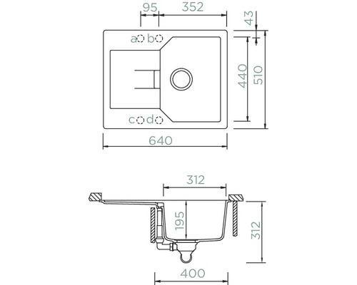 Technische tekening van een gootsteen met maataanduidingen.