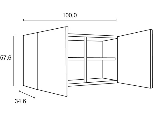 Technische tekening van een wandkast met de afmetingen 100,0 x 57,6 x 34,6 centimeter