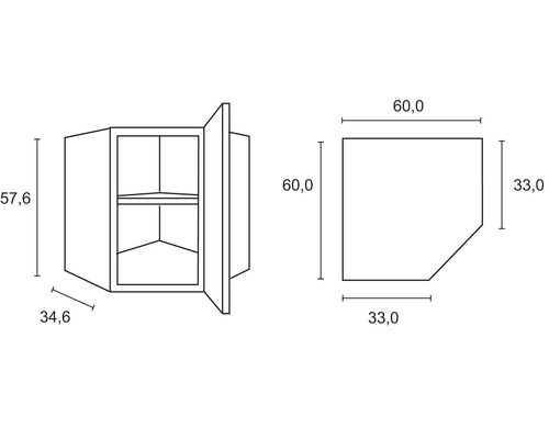 Technische tekening van een hoekhangkast met afmetingen