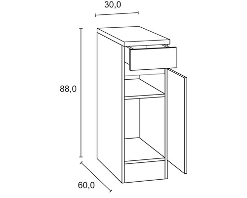 Technische tekening van een onderkast met lade, deur en afmetingen