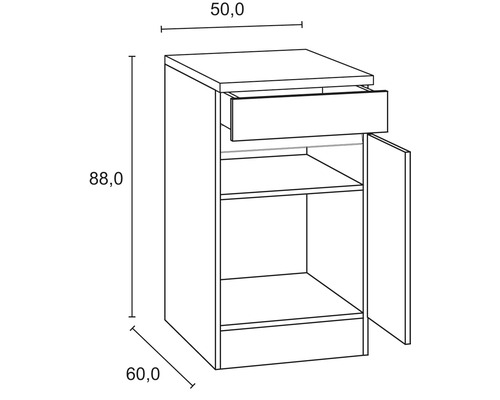 Schets van een onderkast met lade, deur en afmetingen