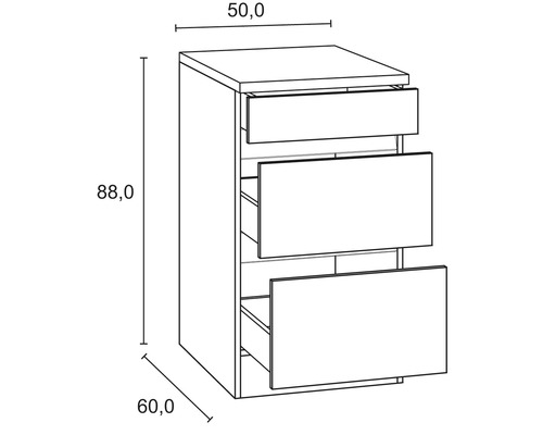 Technische tekening van een ladekast met drie laden en maatvoering.