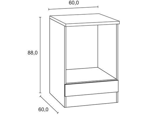 Technische tekening van een onderkast met de afmetingen 60 bij 60 bij 88 centimeter.
