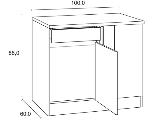 Technische tekening van een badkameronderkast met lade en deur, inclusief maatvoering