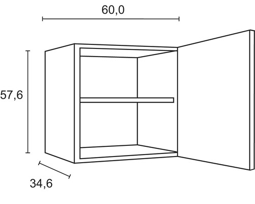 Technische tekening van een hangkast met afmetingen van 60,0 x 57,6 x 34,6 cm.