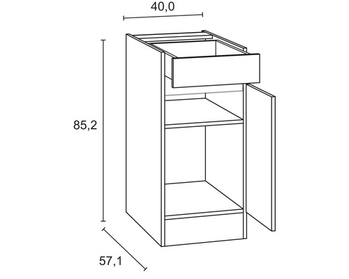 Technische tekening van een onderkast met lade, deur en de afmetingen 40,0, 85,2 en 57,1.