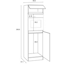Technische tekening van een hoge kast met afmetingen