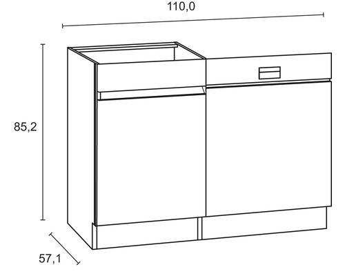 Technische tekening van een badkameronderkast met de afmetingen 110,0 x 85,2 x 57,1 cm.