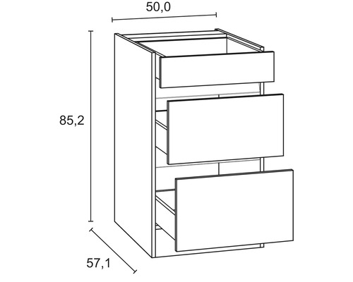 Technische tekening van een onderkast met drie laden en maatvoering.