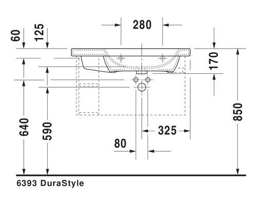 Technische tekening van een wastafel met afmetingen.