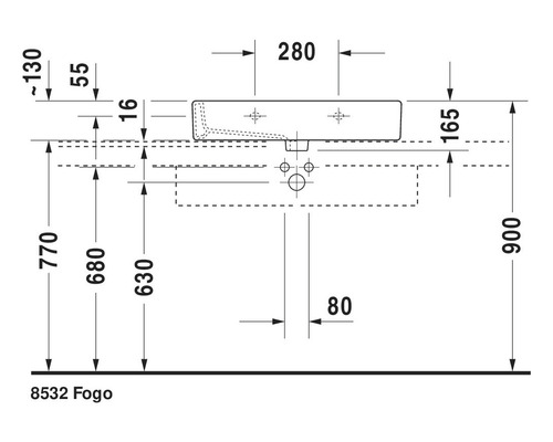 Maatschets van wastafel Fogo 8532 met alle afmetingen