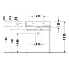 Technische tekening van een wastafel met afmetingen