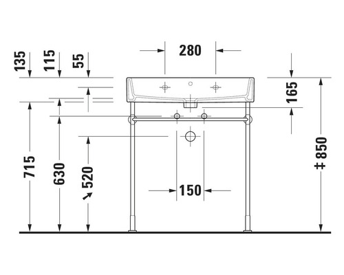 Technische tekening van een wastafel met afmetingen