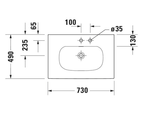 Technische tekening van een wastafel met maatvoering
