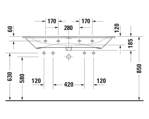Technische tekening van een wastafel met afmetingen