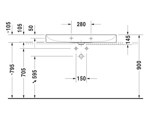 Technische tekening van een wastafel met afmetingen