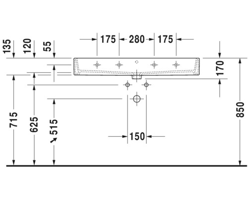 Technische tekening van een wastafel met afmetingen