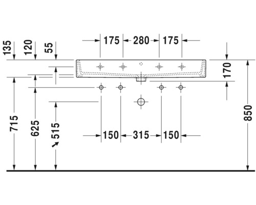 Technische tekening van een wastafel met maatvoering