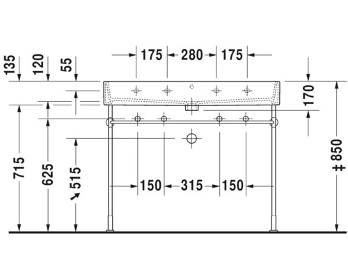 Technische tekening wastafel met afmetingen