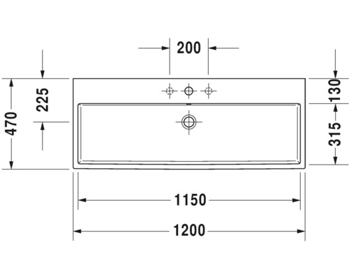 Technische tekening van een wastafel met afmetingen