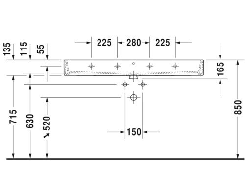 Technische tekening van een wastafel met afmetingen