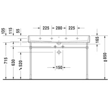 Technische tekening van een wastafel met afmetingen.