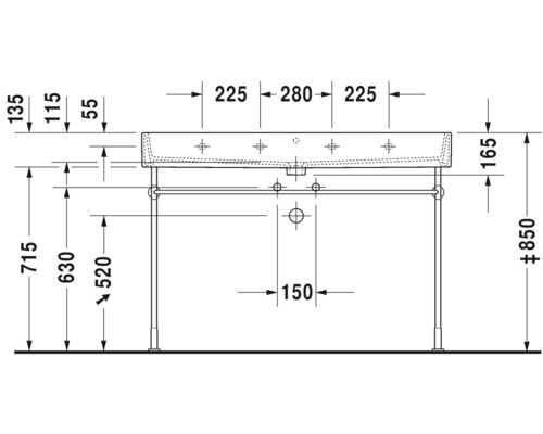 Technische tekening van een wastafel met afmetingen.