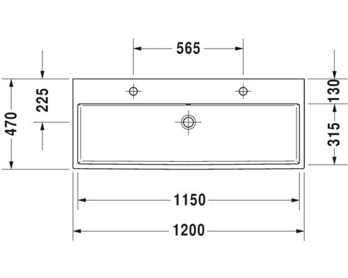 Technische tekening van een wastafel met afmetingen
