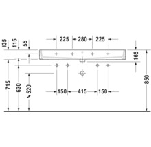 Technische tekening van een wastafel met afmetingen