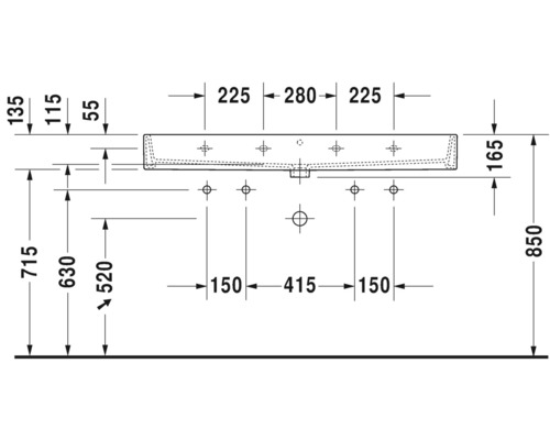Technische tekening van een wastafel met afmetingen
