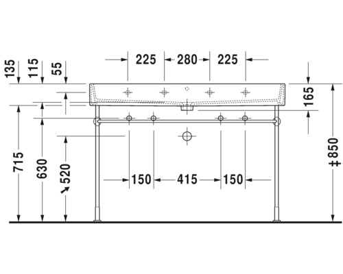 Technische tekening van een wastafel met afmetingen