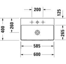 Technische tekening van een wastafel met afmetingen