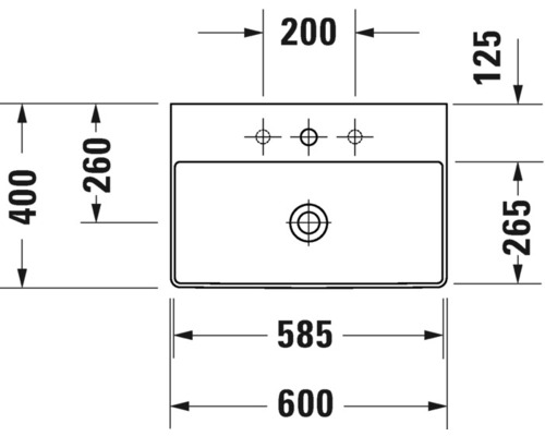 Technische tekening van een wastafel met afmetingen