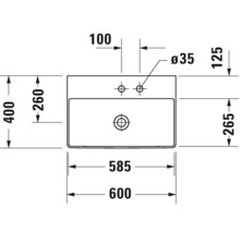 Technische tekening van een wastafel met afmetingen.
