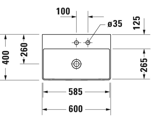 Technische tekening van een wastafel met afmetingen.