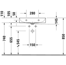 Technische tekening van een wastafel met afmetingen