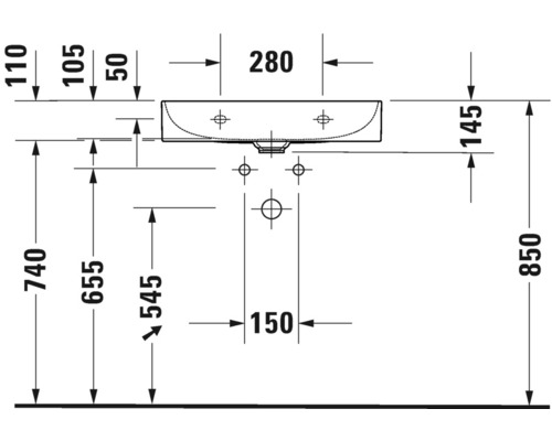 Technische tekening van een wastafel met afmetingen