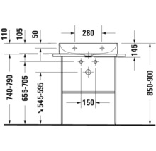 Maattekening van een wastafelmeubel met de afmetingen hoogte 740 tot 790 millimeter, diepte 545 tot 595 millimeter en breedte 280 millimeter.