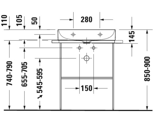 Maattekening van een wastafelmeubel met de afmetingen hoogte 740 tot 790 millimeter, diepte 545 tot 595 millimeter en breedte 280 millimeter.