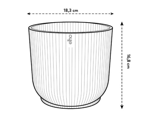 Illustratie van een Elho plantenbak met afmetingen van 18,3 cm breed en 16,8 cm hoog.