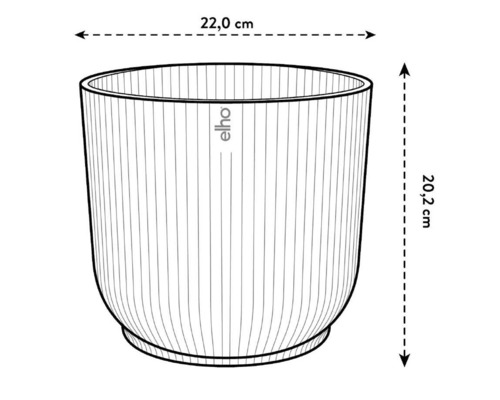 Afbeelding van een Elho bloempot met de afmetingen 22,0 cm breed en 20,2 cm hoog.