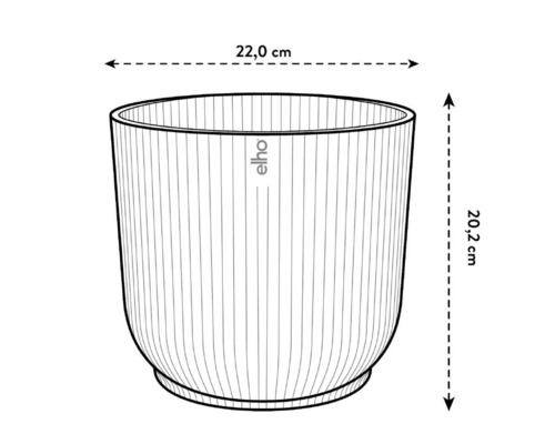 Illustratie van een ronde plantenbak met afmetingen van 22,0 cm doorsnee en 20,2 cm hoogte
