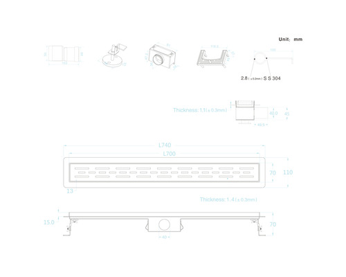 Technische tekening van een douchegoot met afmetingen.