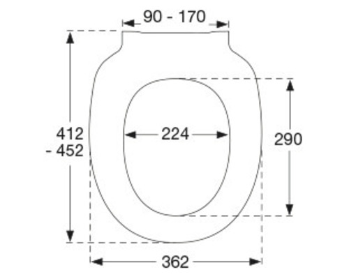 Technische tekening van een toiletbril met afmetingen