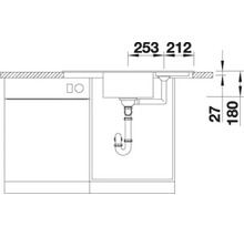 Technische tekening met afmetingen voor de installatie van een gootsteen boven een vaatwasser.