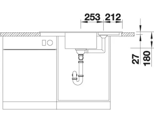 Technische tekening met afmetingen voor de installatie van een gootsteen boven een vaatwasser.