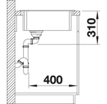Technische tekening met inbouwmaten voor een spoelbak in een onderkast met afvoer.
