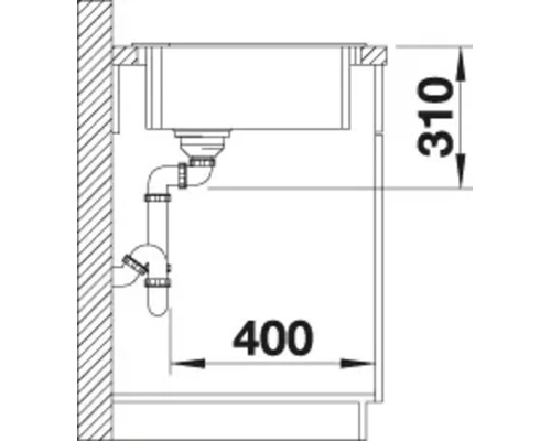 Technische tekening met inbouwmaten voor een spoelbak in een onderkast met afvoer.