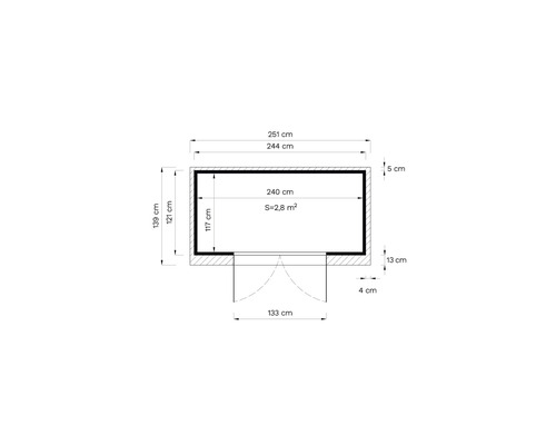 Plattegrond met afmetingen 251 bij 139 centimeter