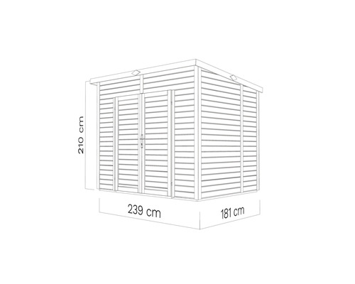 Afbeelding van een tuinhuis met de afmetingen 210 cm hoog, 239 cm breed en 181 cm diep.